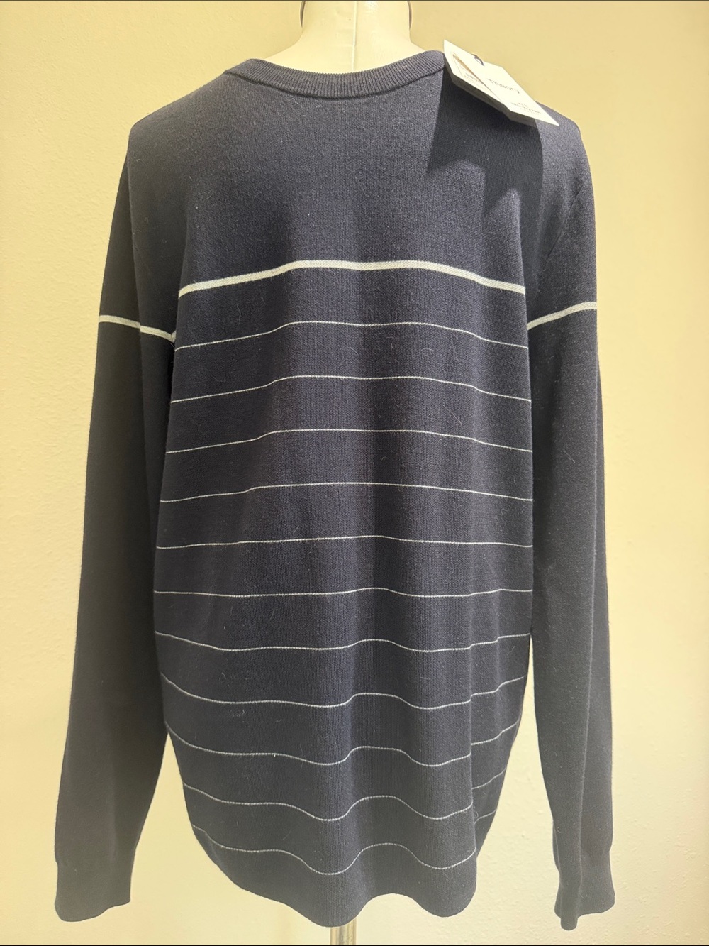Theory Navy and White Striped Crewneck Sweater